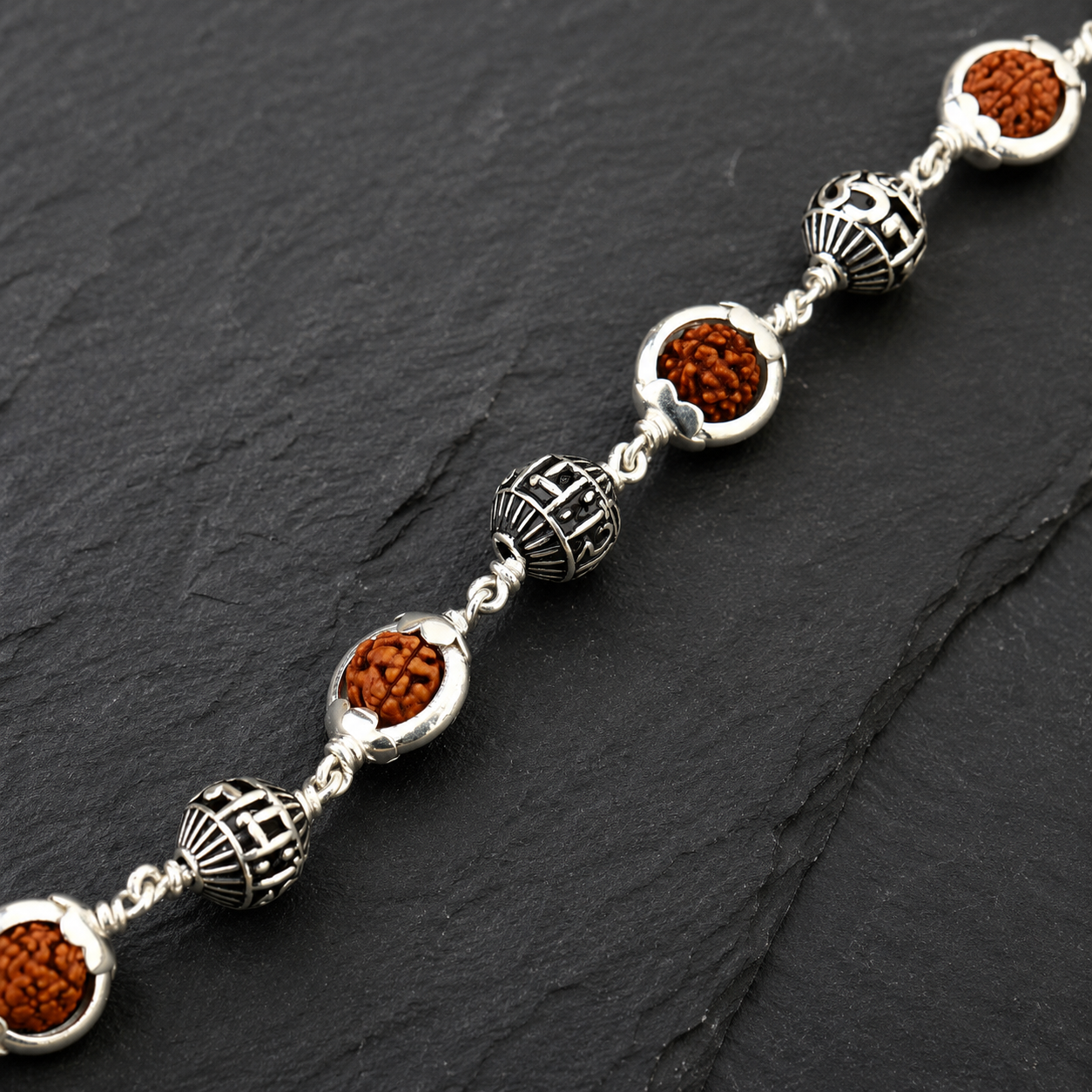 Rudraksha Bracelet with Om Namah Shivaya 925 Silver Beads