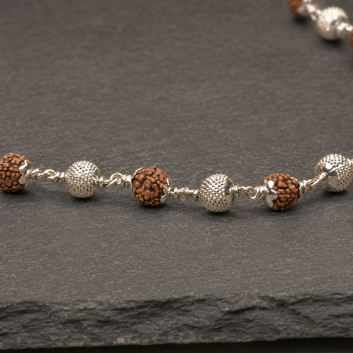 Textured 925 silver CNC beads and Rudraksha craftsmanship close-up