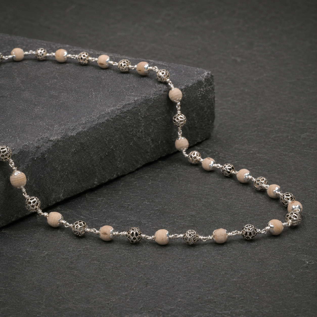 Tulsi Round Om Mala in 925 Sterling Silver