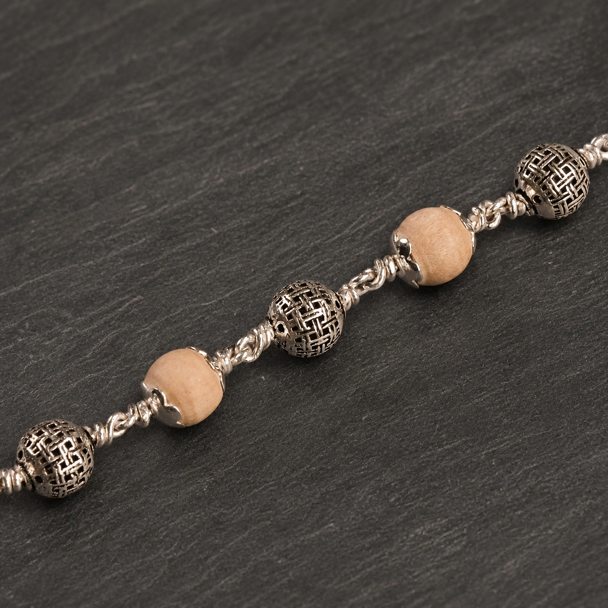 Tulsi Bracelet with 925 Silver Heavy Textured Round Beads