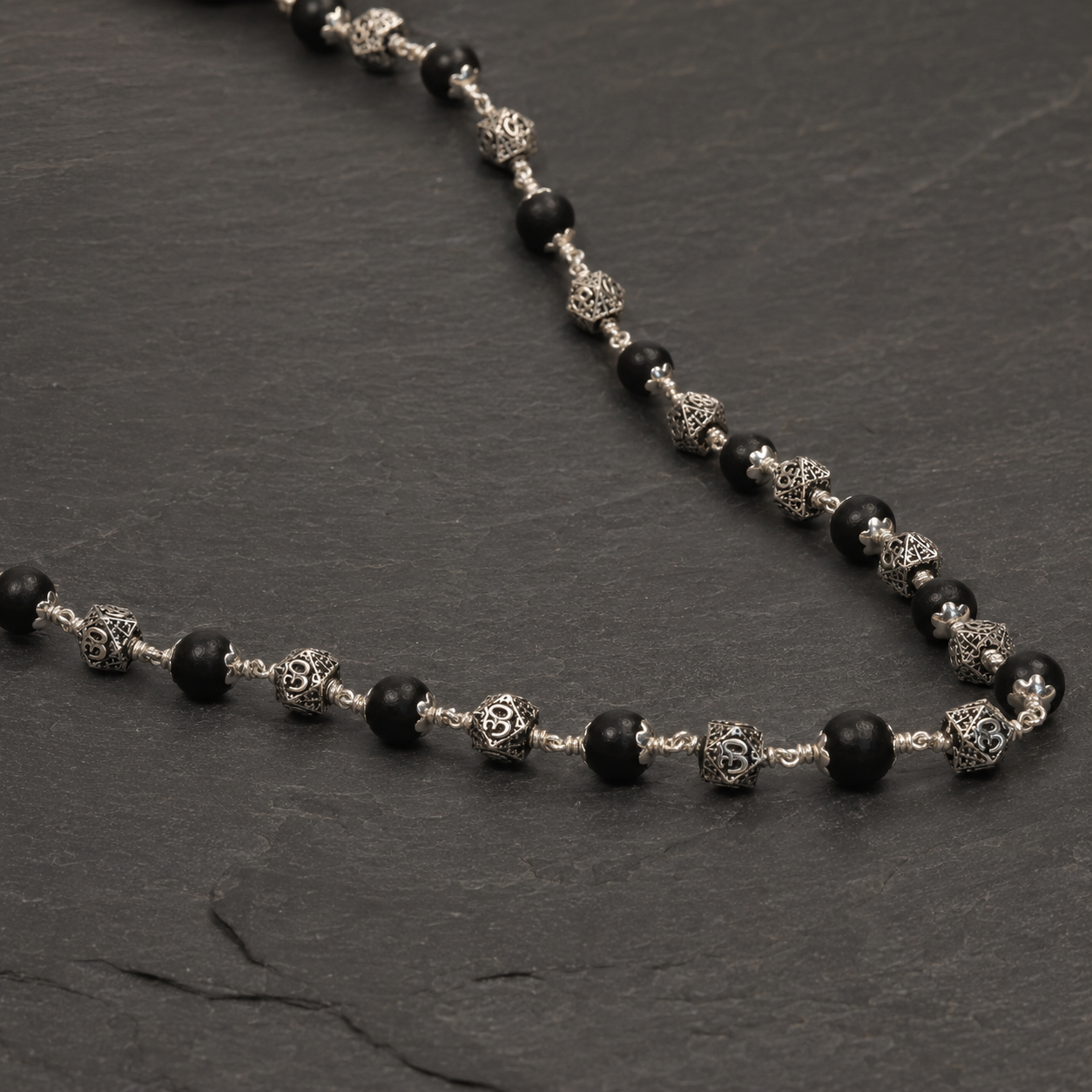 Unisex Karungali Om mala in 925 silver lifestyle styling