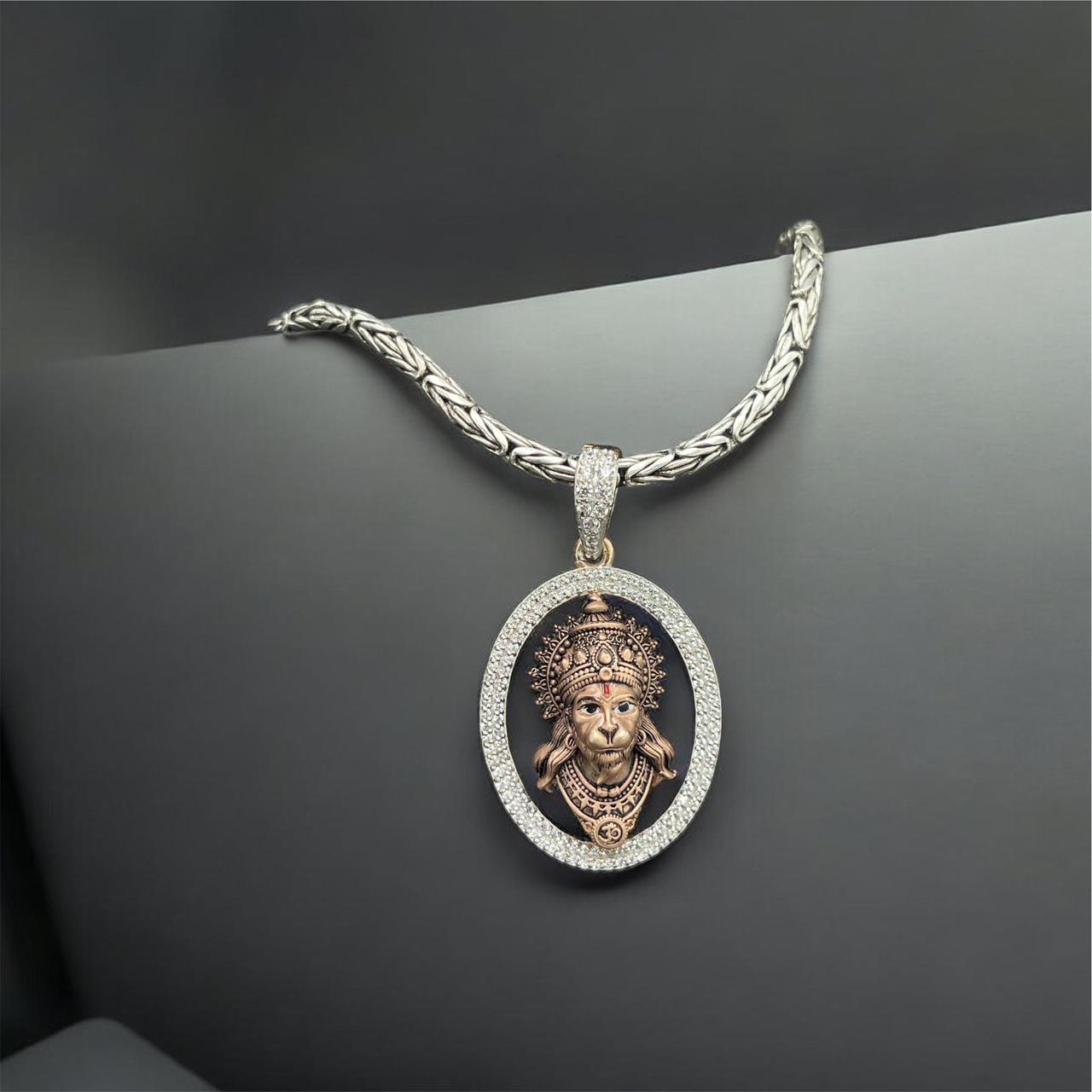 Hanumanji Face Pendant in 925 Sterling Silver with Diamond Frame & Meena Work