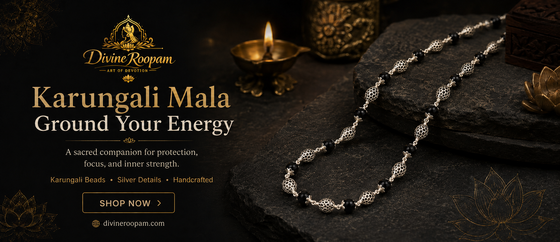 Karungali mala with oxidized 925 sterling silver beads displayed on a textured black stone