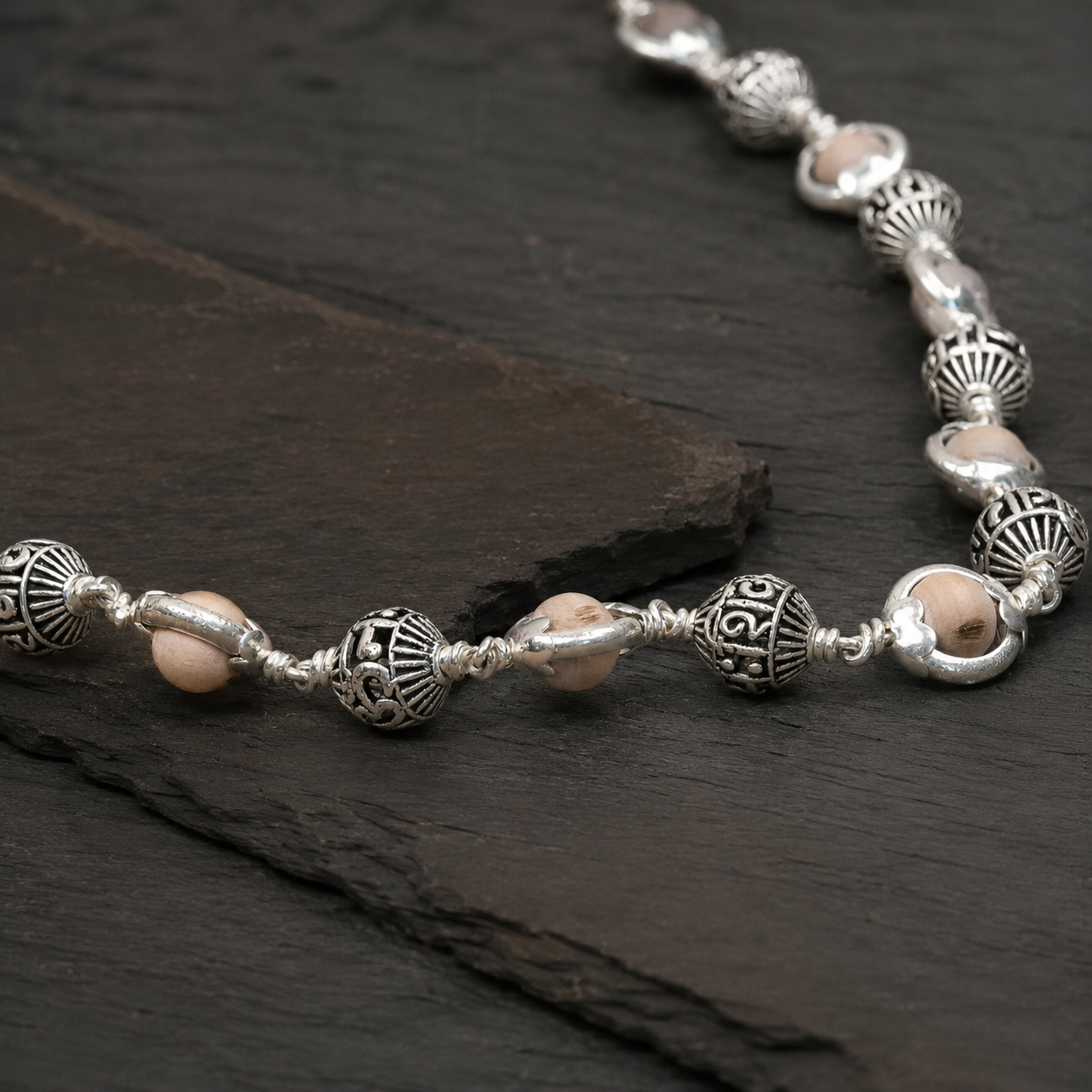 Tulsi capping mala with 925 silver mantra details
